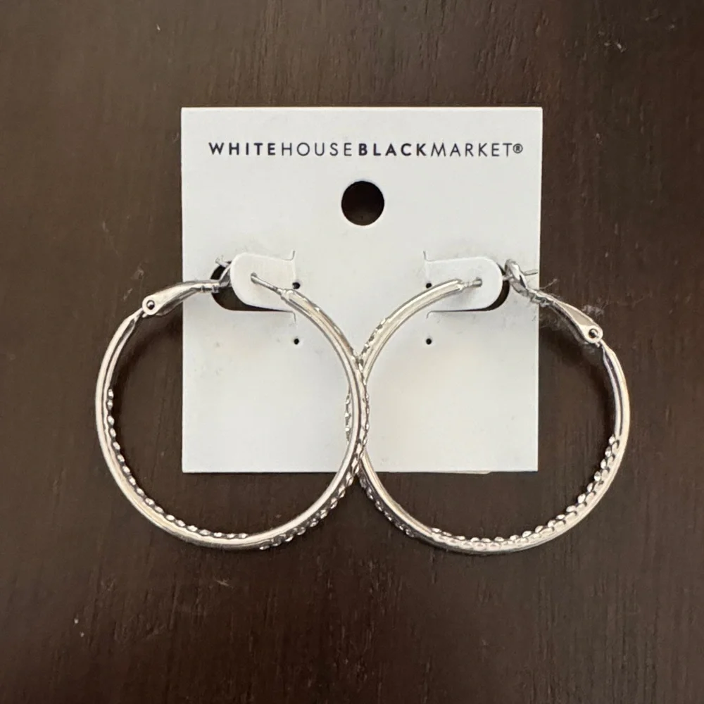 Silver with CZ Diamond Hoop Earrings - Picture 2 of 5